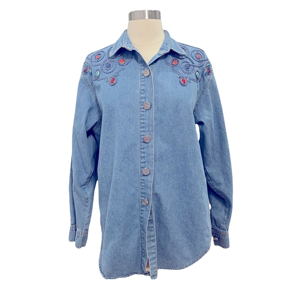 Bingo Bingo American Style Jean Button Down Shirt Size 10 Detailing Stones.
